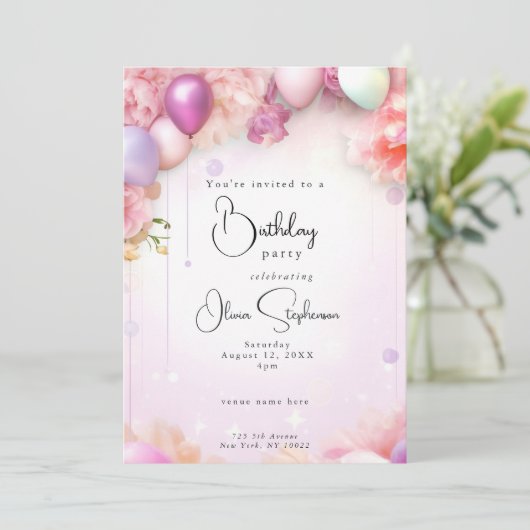 QR誕生日ピンクと薄紫フローラバルーン 招待状 (スタンド正面)