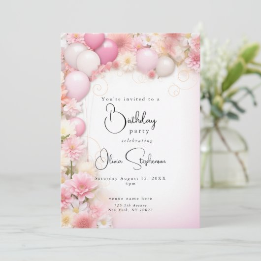 QR誕生日ピンクバルーンとデイジー 招待状 (スタンド正面)