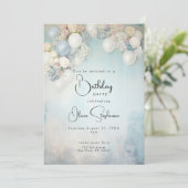 QR誕生日フェスティバルブルーとホワイトフローラバルーン 招待状 (スタンド正面)