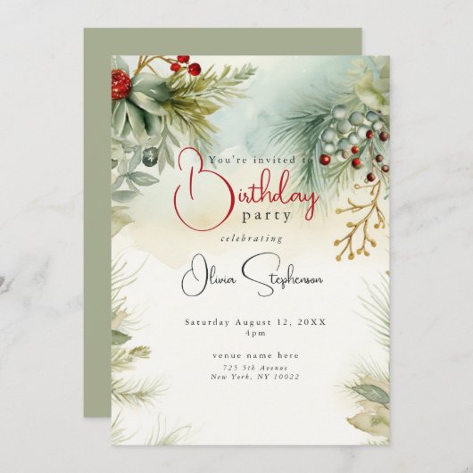 QR誕生日冬の水の色の植物体 招待状 (正面/裏面)