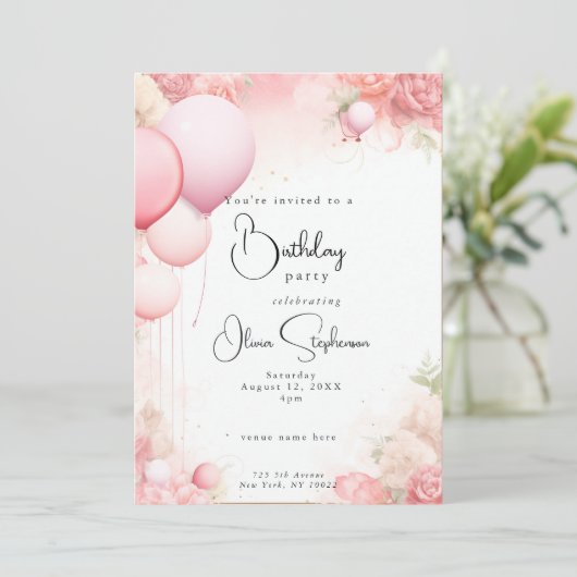 QR誕生日水色みすぼらしいシックなピンク 招待状 (スタンド正面)