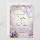 QR誕生日薄紫フローラとバルーン 招待状 (正面)