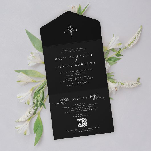 QR シンプル RSVP付きフローラモノグラム結婚 オールインワン招待状
