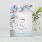 QR フェスティブ スカイ ブルー ホワイト フラワーとバルーン 招待状 (スタンド正面)