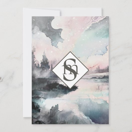 * QR 素朴 AR26山モノグラムRSVP結婚 招待状 (正面)