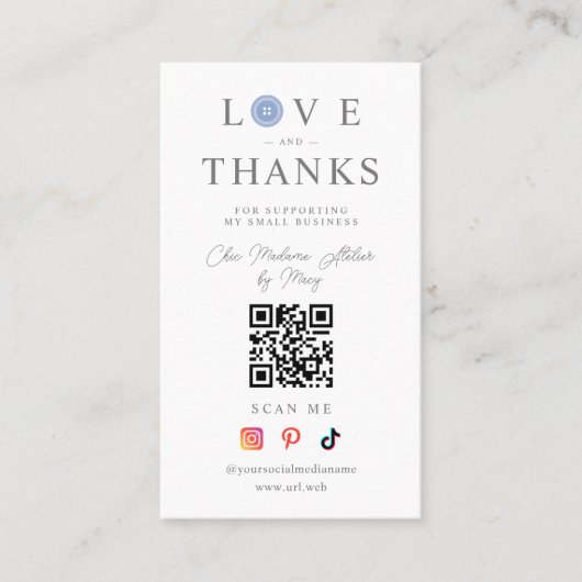 QR Baby Blue Button Love & Thanks Photo Supporting 名刺 (正面)