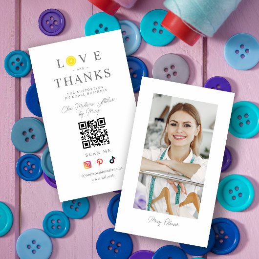 QR Chic Yellow Button Love & Thanks Photo Support 名刺