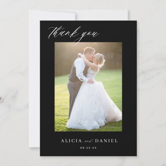 QR CODEスクリプモダントエレガントフォトブラック結婚の サンキューカード (正面)