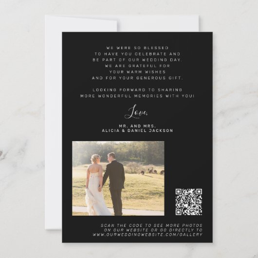 QR CODEスクリプモダントエレガントフォトブラック結婚の サンキューカード (裏面)