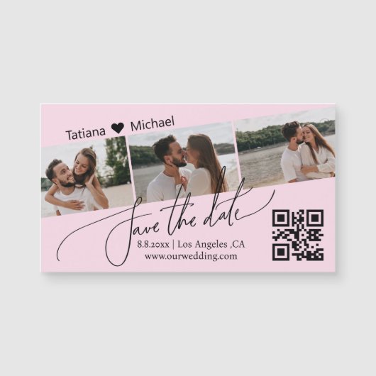  qr code 3 photo collage save the date pink magnet (正面)