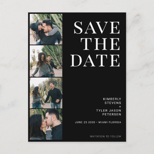 QR CODE 4写真タイポグラフィ黒結婚色 案内ポストカード (正面)