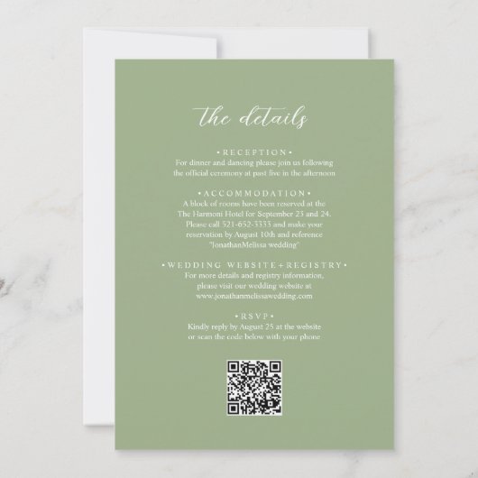 QR Code All in One Sage Green Photo Script Wedding 招待状 (裏面)