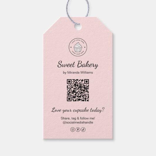 QR Code Bakery Logo Pink Business ギフトタグ (正面)