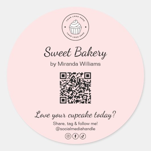 QR Code Bakery Logo Pink Business Sticker ラウンドシール (正面)