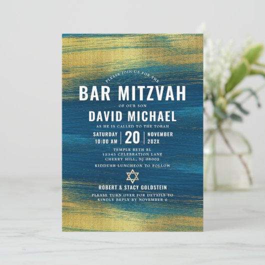 QR Code Bar Mitzvah Turquoise Gold Foil Modern 招待状 (スタンド正面)