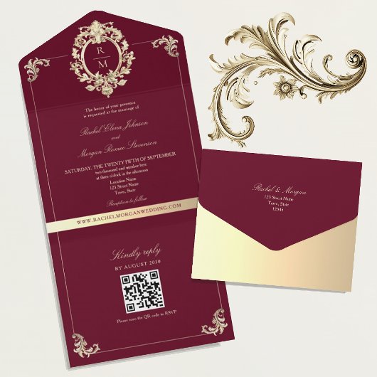 QR Code Baroque Burgundy Gold Wedding オールインワン招待状