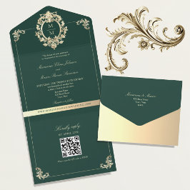 QR Code Baroque Gold Emerald Green Wedding オールインワン招待状