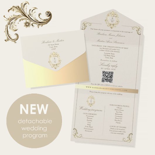 QR Code Baroque Monogram Wedding オールインワン招待状