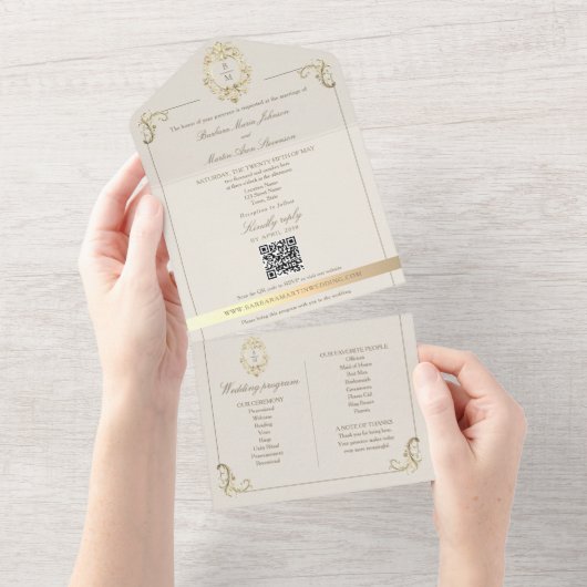 QR Code Baroque Monogram Wedding オールインワン招待状 (貼ってはがせる)