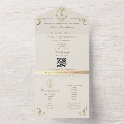 QR Code Baroque Monogram Wedding オールインワン招待状 (内側)