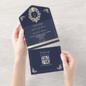 QR Code Baroque Navy Blue Gold Wedding オールインワン招待状 (貼ってはがせる)