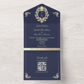 QR Code Baroque Navy Blue Gold Wedding オールインワン招待状 (内側)