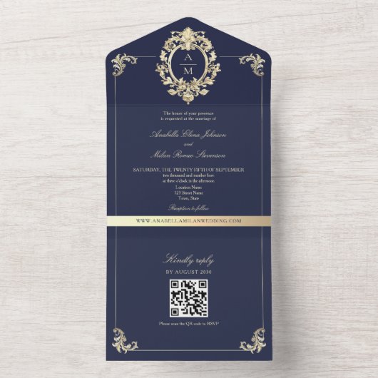 QR Code Baroque Navy Blue Gold Wedding オールインワン招待状 (内側)