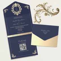 QR Code Baroque Navy Blue Gold Wedding