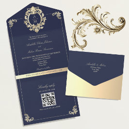 QR Code Baroque Navy Blue Gold Wedding オールインワン招待状