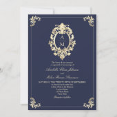 QR Code Baroque Navy Blue Wedding 招待状 (正面)
