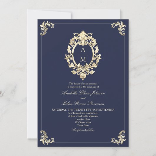 QR Code Baroque Navy Blue Wedding 招待状 (正面)