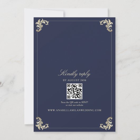 QR Code Baroque Navy Blue Wedding 招待状 (裏面)