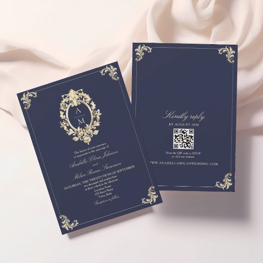 QR Code Baroque Navy Blue Wedding 招待状