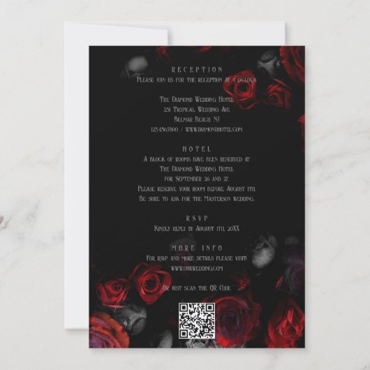 QR Code Black and Red Floral All in One Wedding 招待状 (裏面)