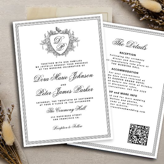 QR code black and white crest monogram wedding 招待状