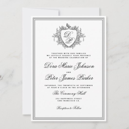 QR code black and white crest monogram wedding 招待状 (正面)