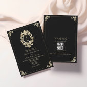 QR Code Black Gold Baroque Monogram Wedding 招待状