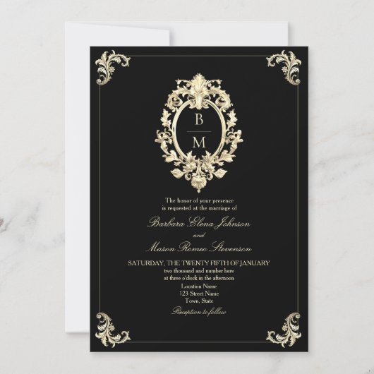 QR Code Black Gold Baroque Monogram Wedding 招待状 (正面)