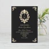 QR Code Black Gold Baroque Monogram Wedding 招待状 (スタンド正面)