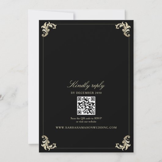 QR Code Black Gold Baroque Monogram Wedding 招待状 (裏面)