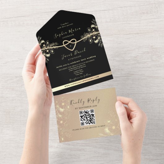 QR Code Black Gold Floral Wedding オールインワン招待状 (貼ってはがせる)