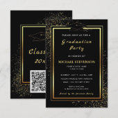 QR Code Black Gold Glitter Graduation Invitations 招待状 (正面/裏面)