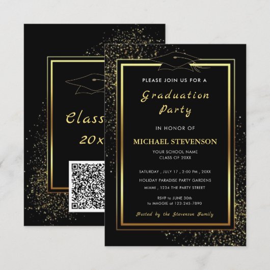 QR Code Black Gold Glitter Graduation Invitations 招待状 (正面/裏面)