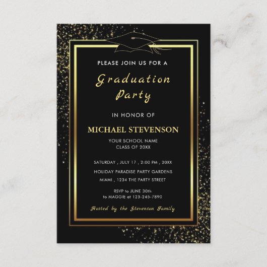 QR Code Black Gold Glitter Graduation Invitations 招待状 (正面)