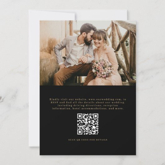 QR Code Black Gold Photo Minimalist Wedding 招待状 (裏面)