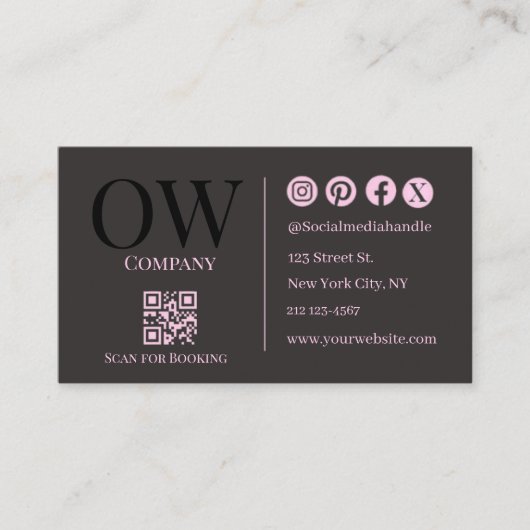 QR Code Black Pink Elegant Initial Social Media 名刺 (正面)