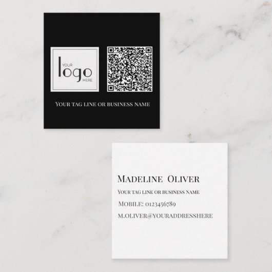 QR Code Black Square Logo Simple White スクエア名刺 (正面/裏面)