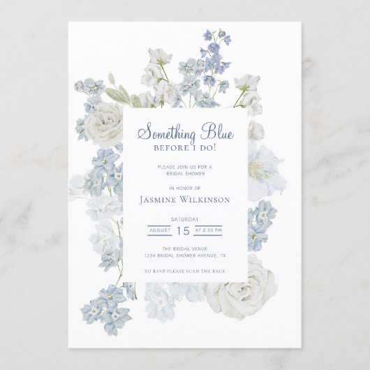qr code Blue Floral "Something Blue" Bridal Shower 招待状 (正面)
