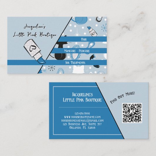QR Code Blue Girly Mid-Century Salon II 名刺 (正面/裏面)