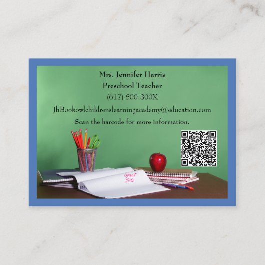 QR Code Blue Grade School Preschool Teacher  名刺 (正面)